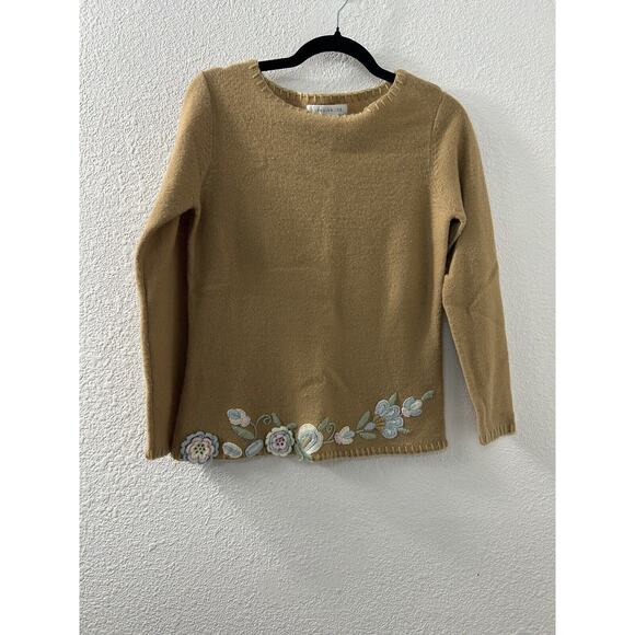 Vintage Pursuits Sweater Womens Size S Brown 100% Lambs’ Wool Embroidered Floral - Picture 1 of 11